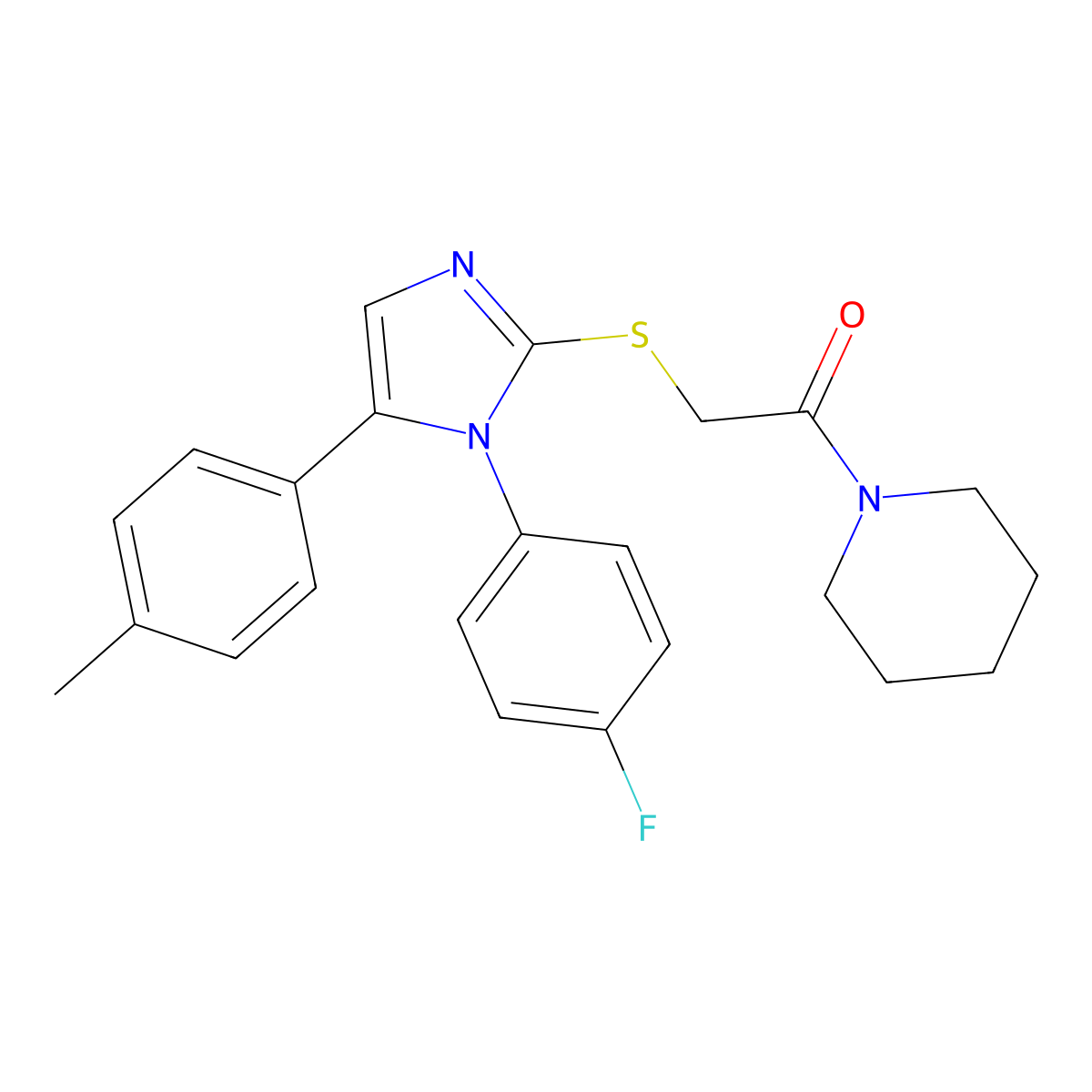 2-((1-(4-fluorophenyl)-5-(p-tolyl)-1H-imidazol-2-yl)thio)-1-(piperidin-1-yl)ethanone molecular structure, CAS 1207008-75-0