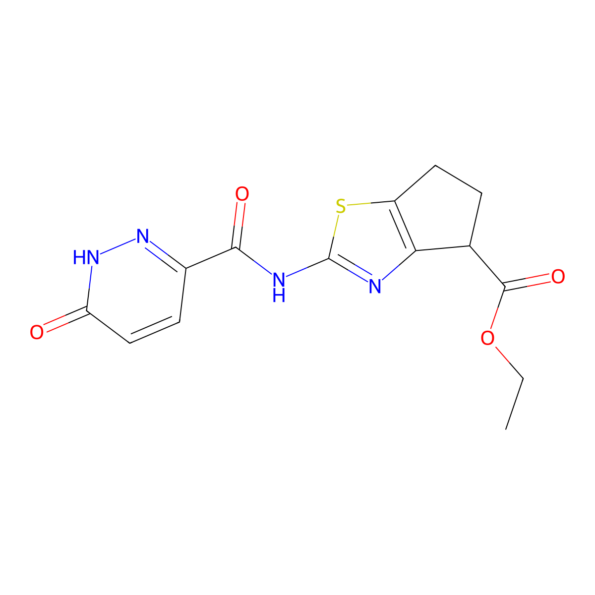 ethyl 2-(6-oxo-1,6-dihydropyridazine-3-carboxamido)-5,6-dihydro-4H-cyclopenta[d]thiazole-4-carboxylate molecular structure, CAS 1207008-77-2