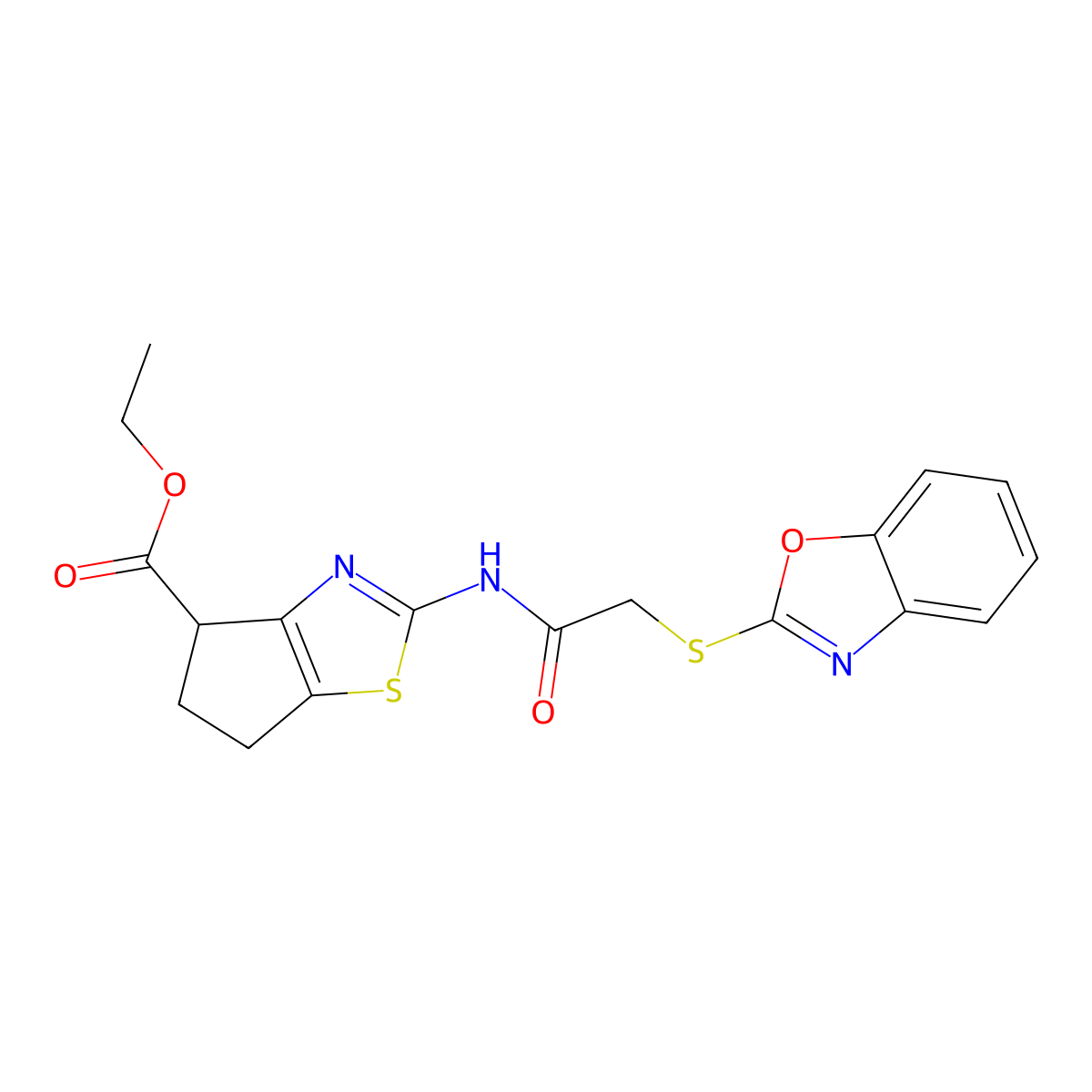 ethyl 2-(2-(benzo[d]oxazol-2-ylthio)acetamido)-5,6-dihydro-4H-cyclopenta[d]thiazole-4-carboxylate molecular structure, CAS 1207008-83-0