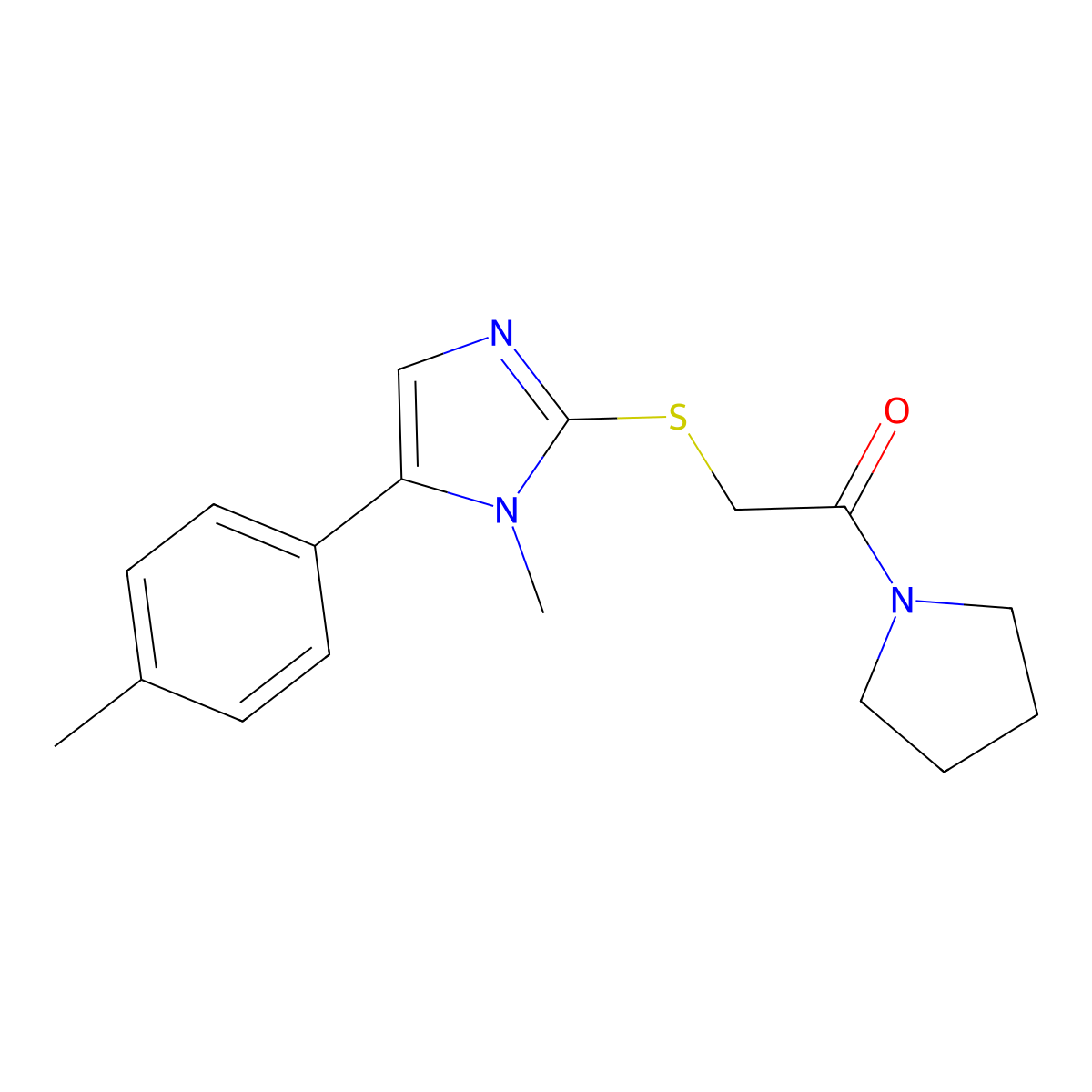 2-((1-methyl-5-(p-tolyl)-1H-imidazol-2-yl)thio)-1-(pyrrolidin-1-yl)ethanone molecular structure, CAS 1207009-09-3