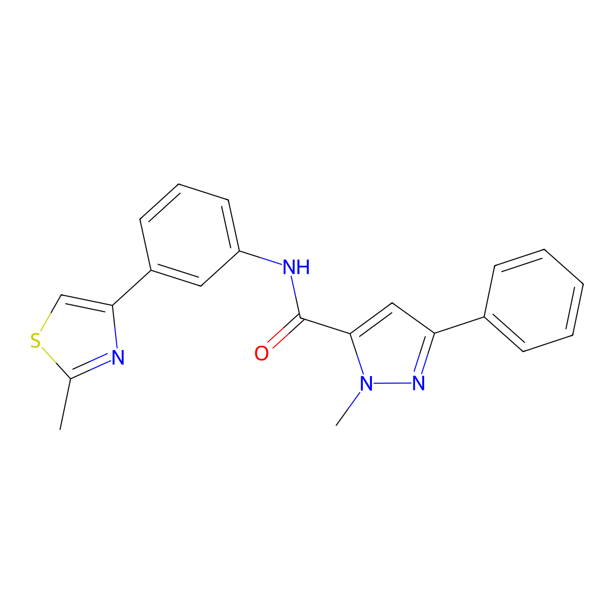 1-methyl-N-(3-(2-methylthiazol-4-yl)phenyl)-3-phenyl-1H-pyrazole-5-carboxamide molecular structure, CAS 1207009-17-3