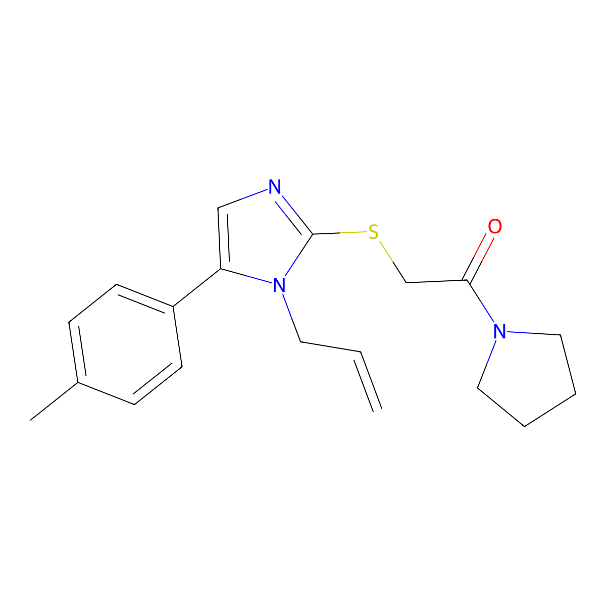 2-((1-allyl-5-(p-tolyl)-1H-imidazol-2-yl)thio)-1-(pyrrolidin-1-yl)ethanone molecular structure, CAS 1207009-68-4