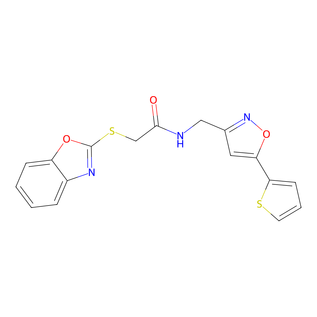 2-(benzo[d]oxazol-2-ylthio)-N-((5-(thiophen-2-yl)isoxazol-3-yl)methyl)acetamide molecular structure, CAS 1207009-75-3