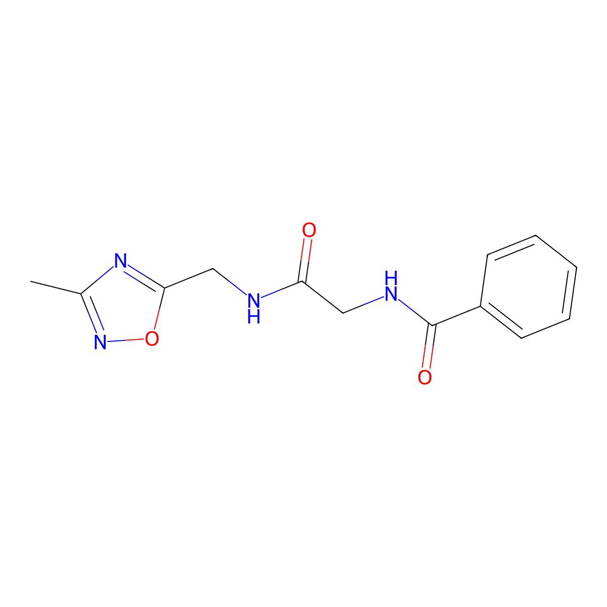 N-(2-(((3-methyl-1,2,4-oxadiazol-5-yl)methyl)amino)-2-oxoethyl)benzamide molecular structure, CAS 1207009-79-7