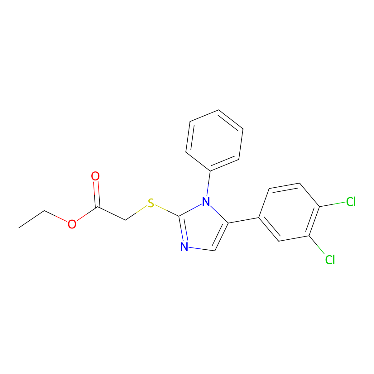 ethyl 2-((5-(3,4-dichlorophenyl)-1-phenyl-1H-imidazol-2-yl)thio)acetate molecular structure, CAS 1207009-85-5
