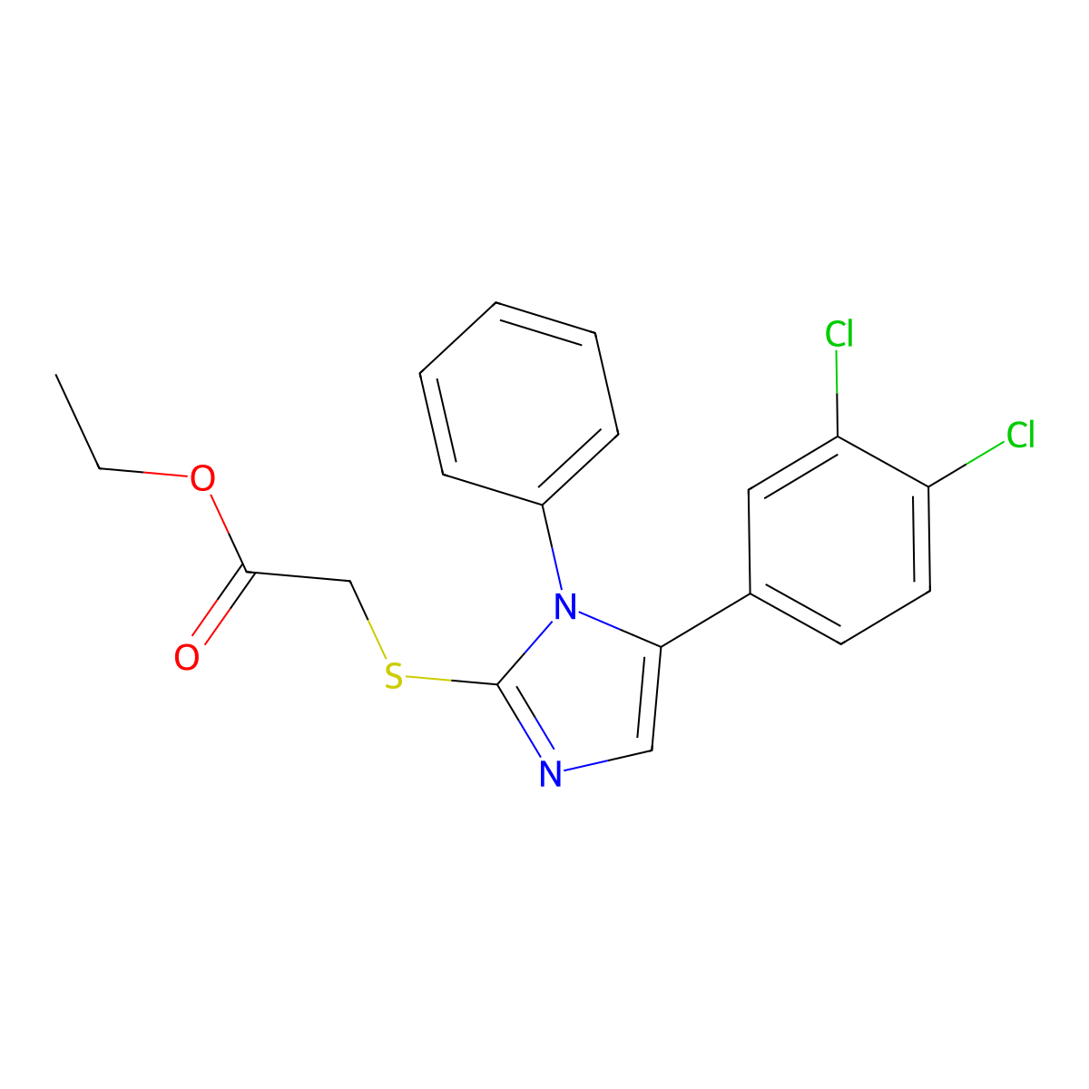 ethyl 2-((5-(3,4-dichlorophenyl)-1-phenyl-1H-imidazol-2-yl)thio)acetate molecular structure, CAS 1207009-85-5