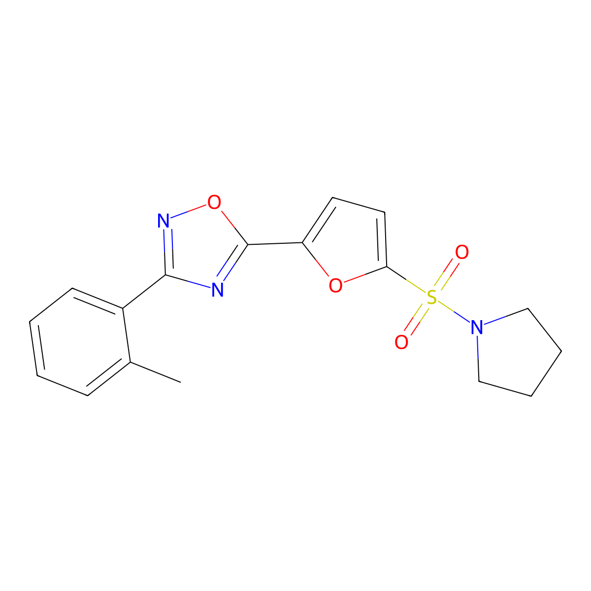 5-(5-(Pyrrolidin-1-ylsulfonyl)furan-2-yl)-3-(o-tolyl)-1,2,4-oxadiazole molecular structure, CAS 1207009-88-8