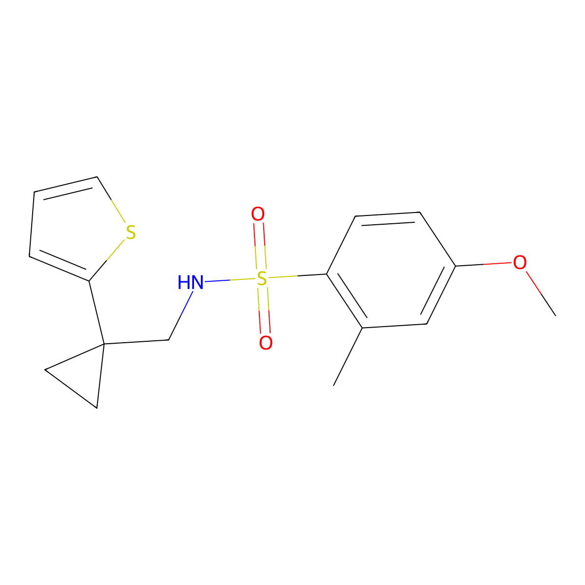4-methoxy-2-methyl-N-((1-(thiophen-2-yl)cyclopropyl)methyl)benzenesulfonamide molecular structure, CAS 1207009-98-0