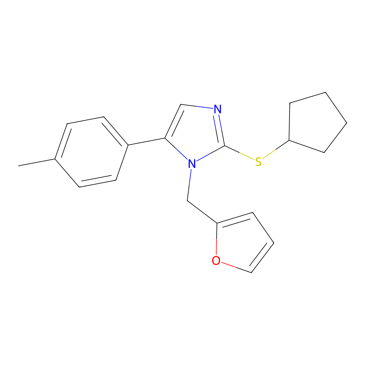 2-(cyclopentylthio)-1-(furan-2-ylmethyl)-5-(p-tolyl)-1H-imidazole molecular structure, CAS 1207010-04-5