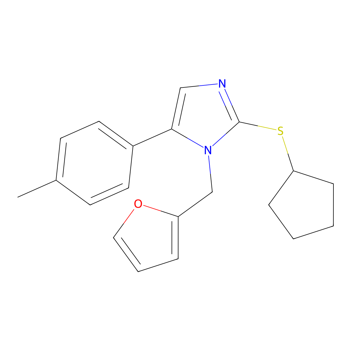 2-(cyclopentylthio)-1-(furan-2-ylmethyl)-5-(p-tolyl)-1H-imidazole molecular structure, CAS 1207010-04-5