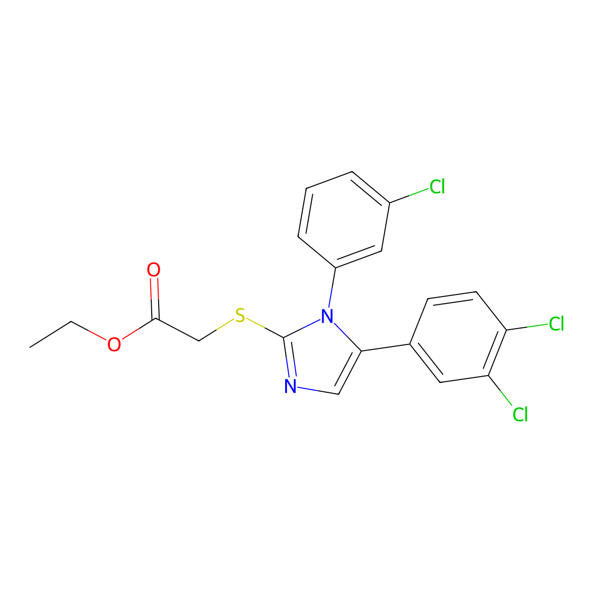 ethyl 2-((1-(3-chlorophenyl)-5-(3,4-dichlorophenyl)-1H-imidazol-2-yl)thio)acetate molecular structure, CAS 1207010-09-0