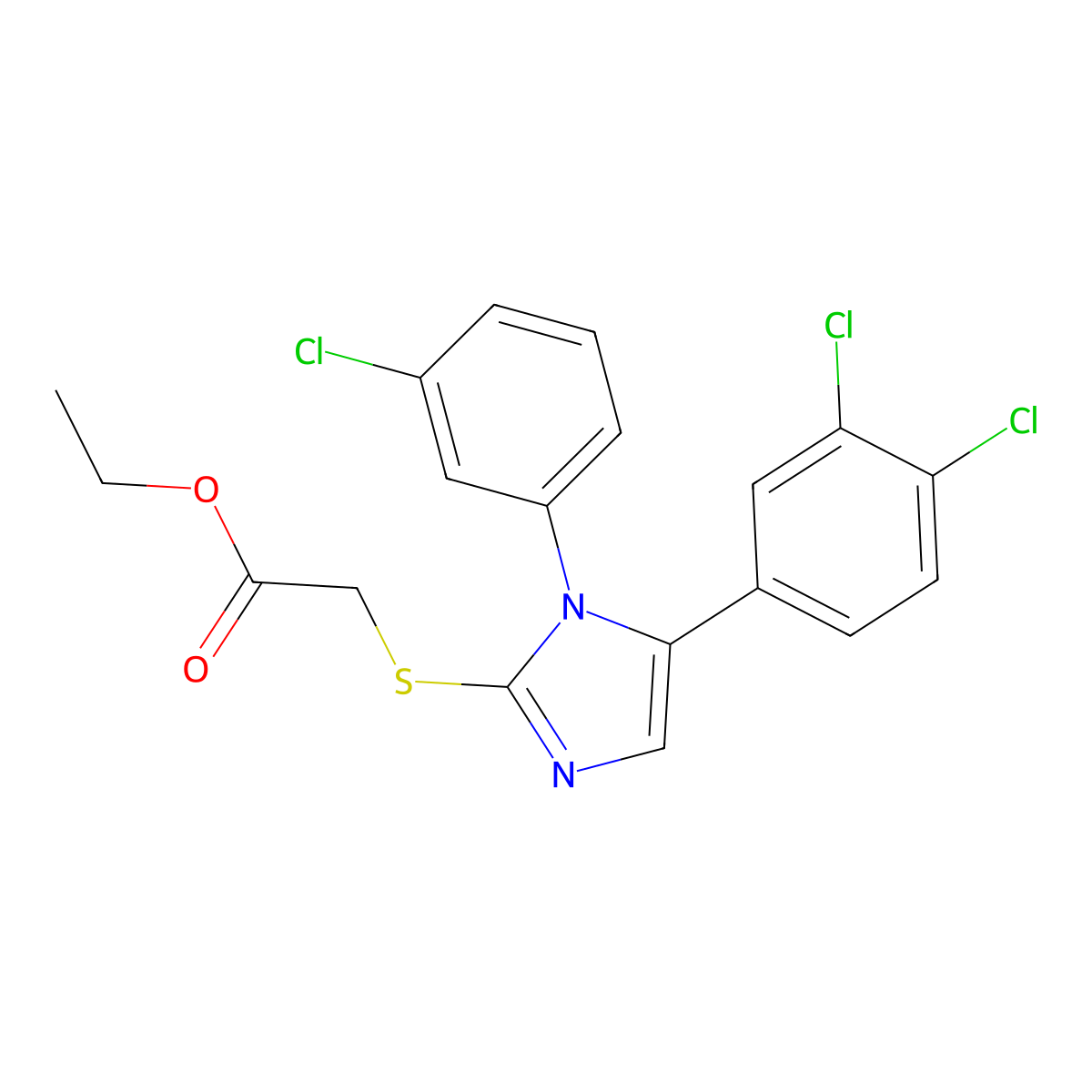 ethyl 2-((1-(3-chlorophenyl)-5-(3,4-dichlorophenyl)-1H-imidazol-2-yl)thio)acetate molecular structure, CAS 1207010-09-0