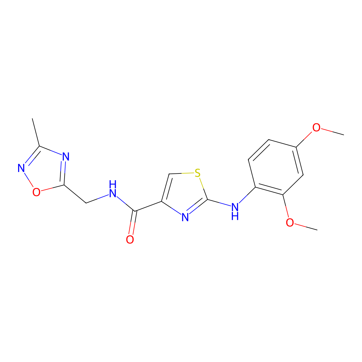2-((2,4-dimethoxyphenyl)amino)-N-((3-methyl-1,2,4-oxadiazol-5-yl)methyl)thiazole-4-carboxamide molecular structure, CAS 1207010-13-6