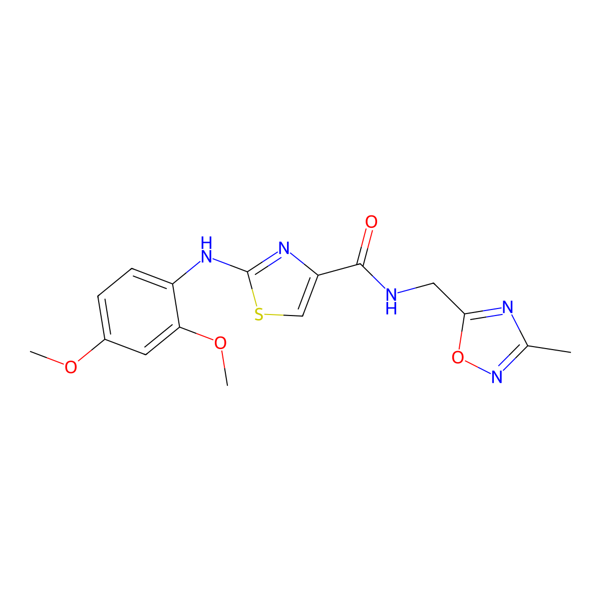 2-((2,4-dimethoxyphenyl)amino)-N-((3-methyl-1,2,4-oxadiazol-5-yl)methyl)thiazole-4-carboxamide molecular structure, CAS 1207010-13-6