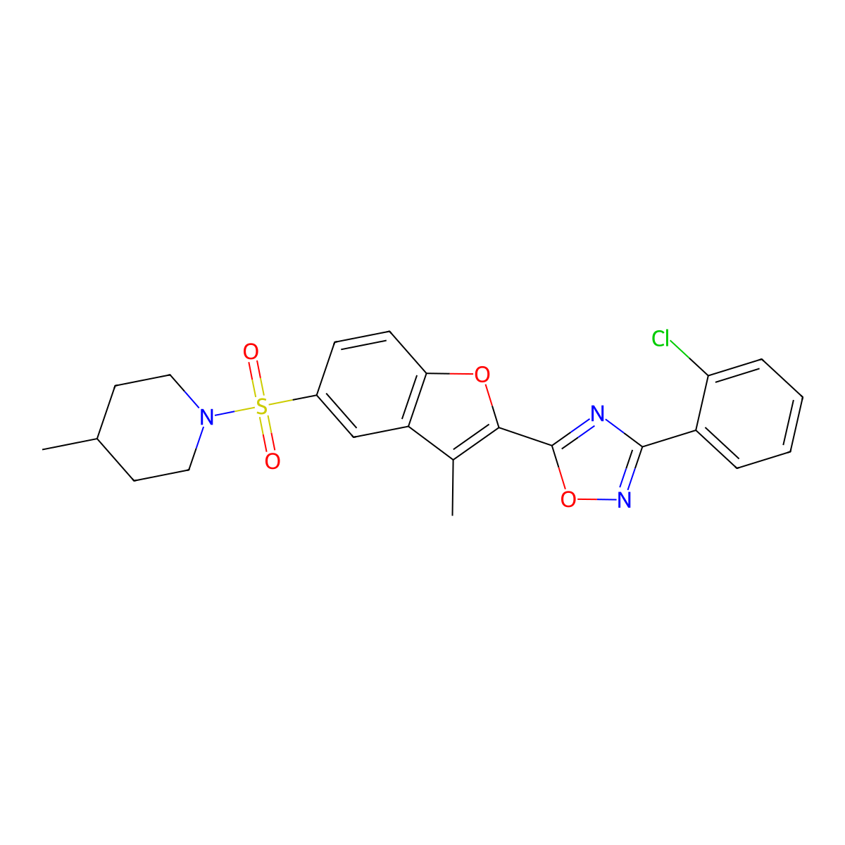 1-({2-[3-(2-Chlorophenyl)-1,2,4-oxadiazol-5-yl]-3-methyl-1-benzofuran-5-yl}sulfonyl)-4-methylpiperidine molecular structure, CAS 1207010-15-8