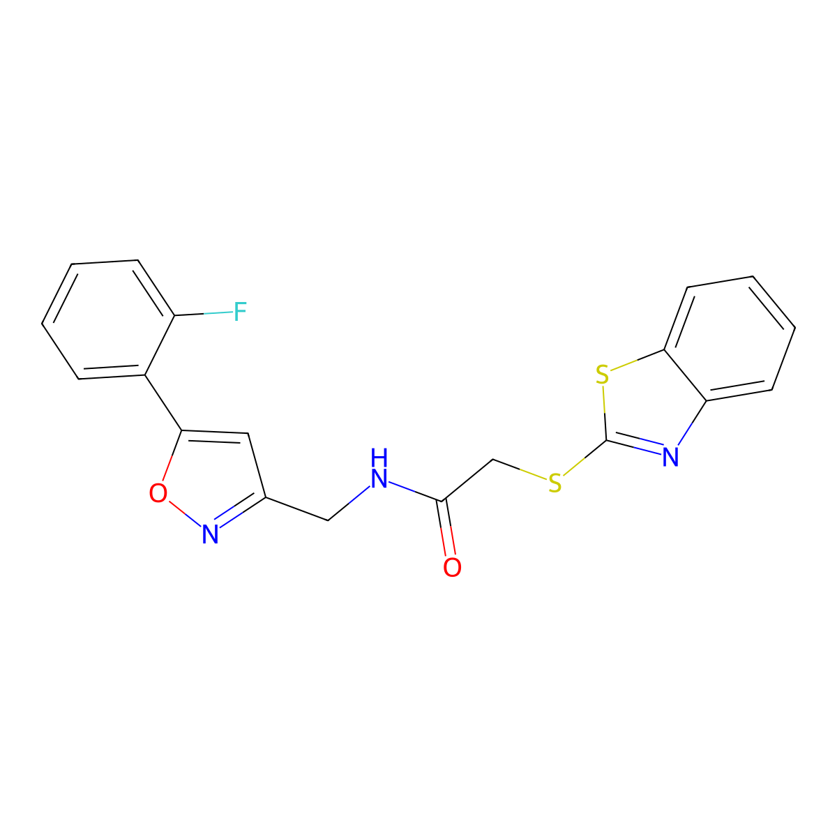 2-(benzo[d]thiazol-2-ylthio)-N-((5-(2-fluorophenyl)isoxazol-3-yl)methyl)acetamide molecular structure, CAS 1207010-16-9