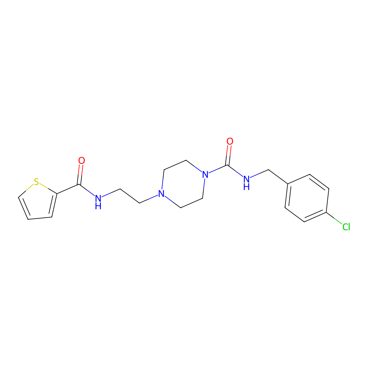 N-(4-chlorobenzyl)-4-(2-(thiophene-2-carboxamido)ethyl)piperazine-1-carboxamide molecular structure, CAS 1207010-19-2
