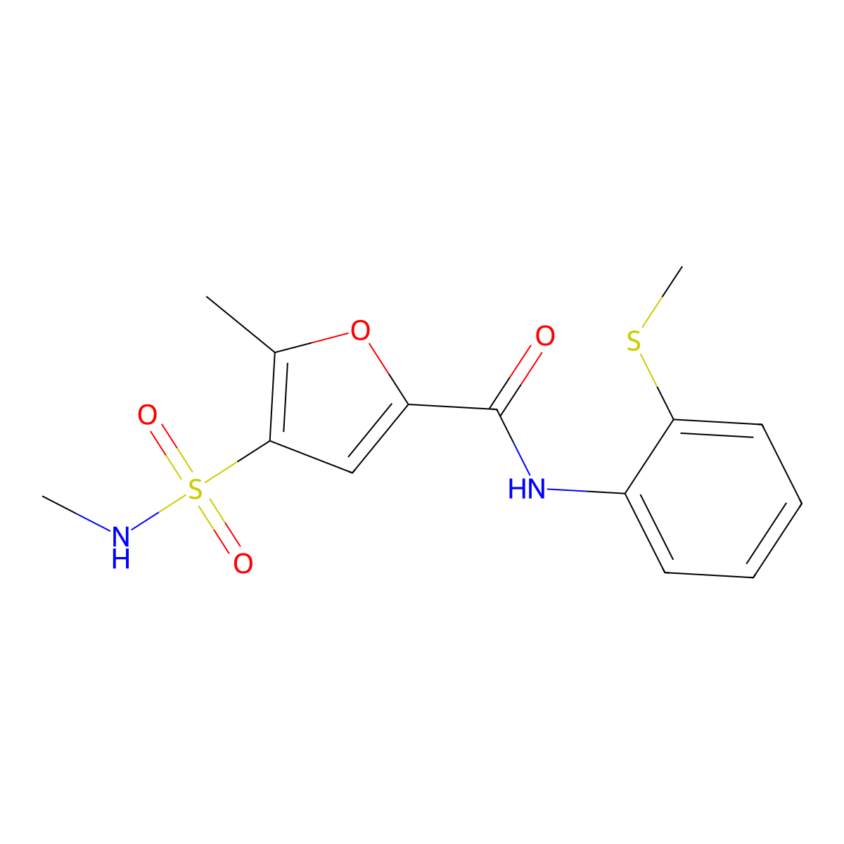 5-methyl-4-(N-methylsulfamoyl)-N-(2-(methylthio)phenyl)furan-2-carboxamide molecular structure, CAS 1207010-25-0