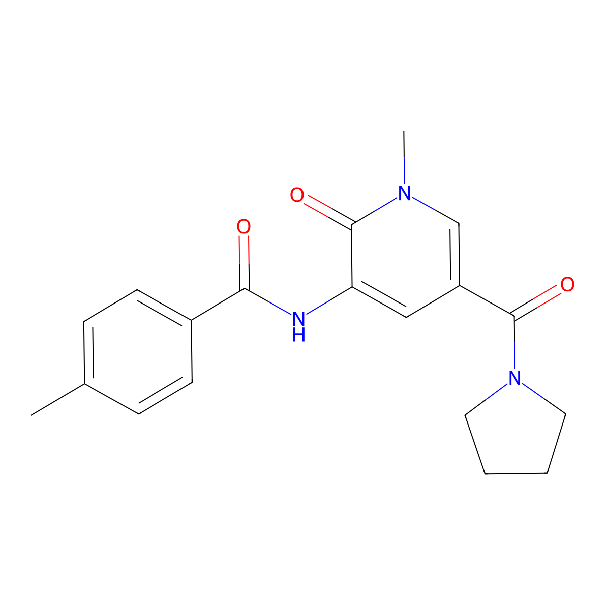 4-methyl-N-(1-methyl-2-oxo-5-(pyrrolidine-1-carbonyl)-1,2-dihydropyridin-3-yl)benzamide molecular structure, CAS 1207010-44-3