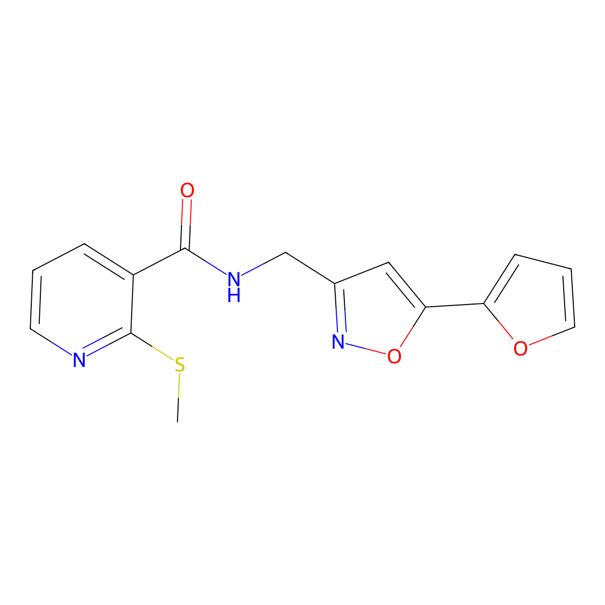 N-((5-(furan-2-yl)isoxazol-3-yl)methyl)-2-(methylthio)nicotinamide molecular structure, CAS 1207010-46-5