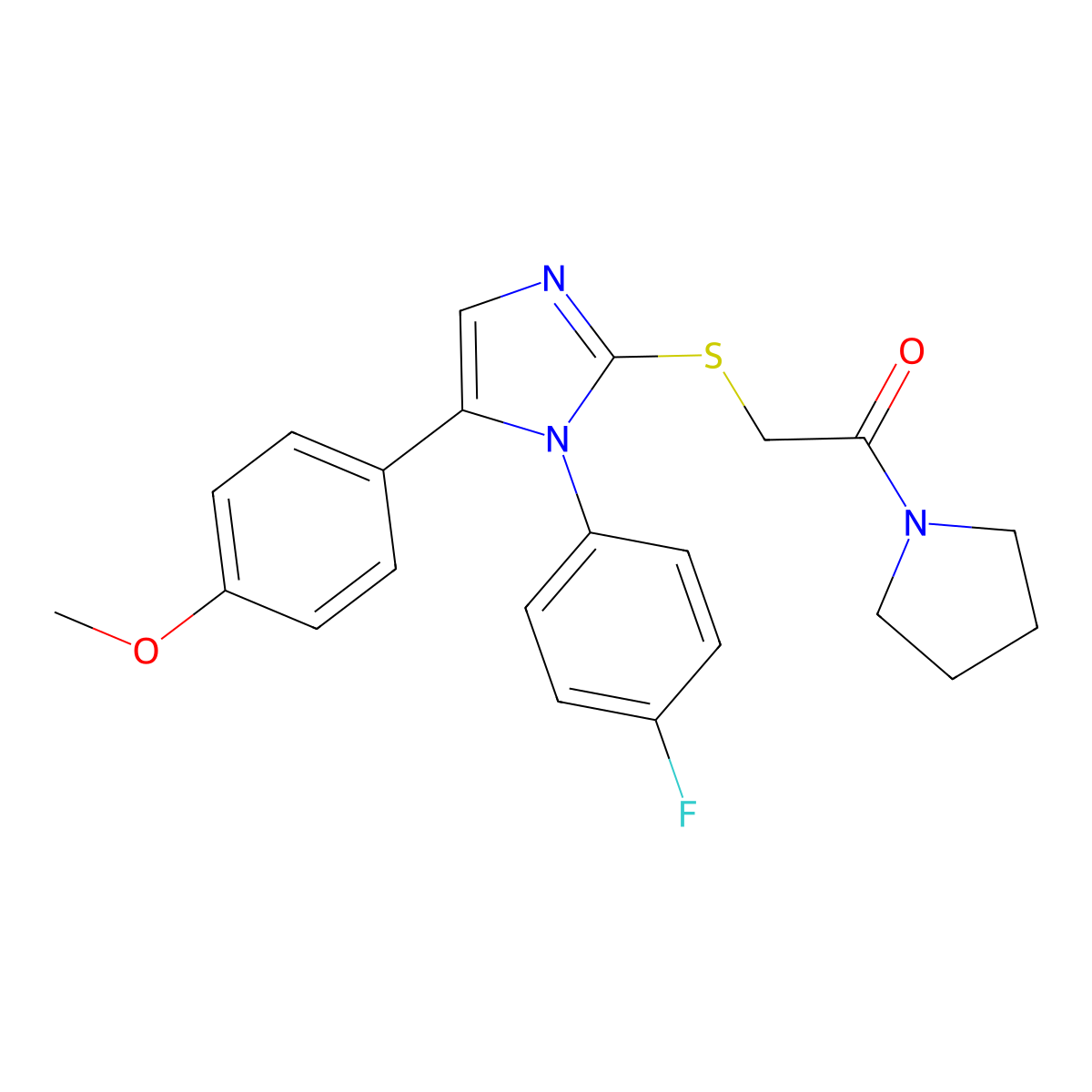 2-((1-(4-fluorophenyl)-5-(4-methoxyphenyl)-1H-imidazol-2-yl)thio)-1-(pyrrolidin-1-yl)ethanone molecular structure, CAS 1207010-52-3
