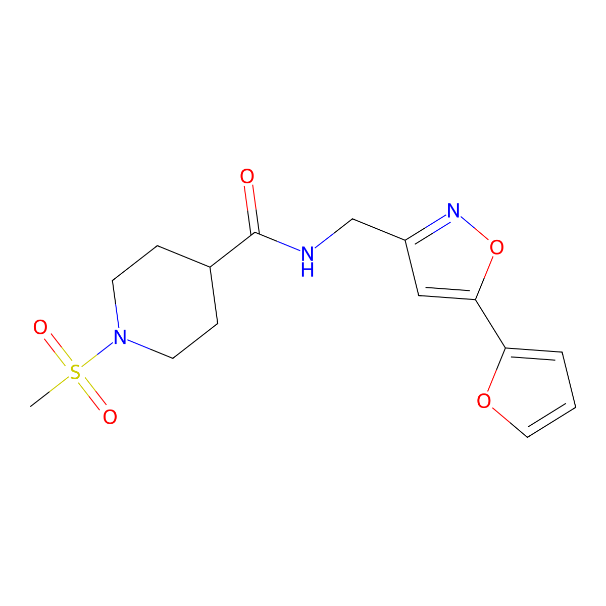 N-((5-(furan-2-yl)isoxazol-3-yl)methyl)-1-(methylsulfonyl)piperidine-4-carboxamide molecular structure, CAS 1207010-62-5