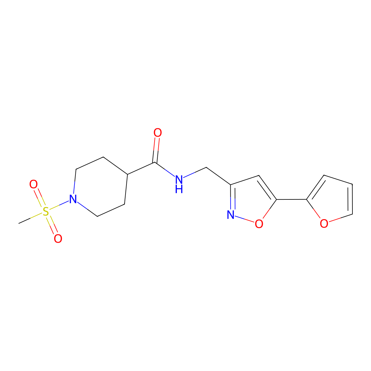N-((5-(furan-2-yl)isoxazol-3-yl)methyl)-1-(methylsulfonyl)piperidine-4-carboxamide molecular structure, CAS 1207010-62-5