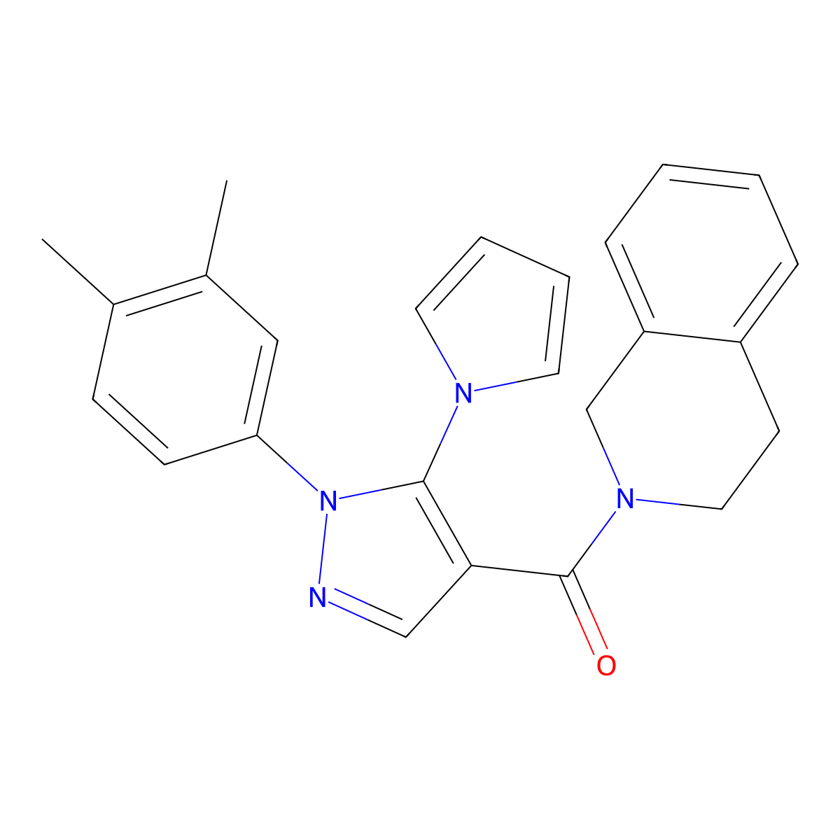 (3,4-dihydroisoquinolin-2(1H)-yl)(1-(3,4-dimethylphenyl)-5-(1H-pyrrol-1-yl)-1H-pyrazol-4-yl)methanone molecular structure, CAS 1207010-66-9