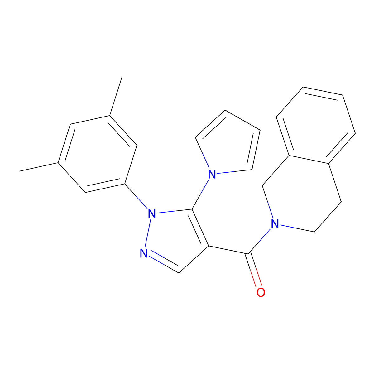 (3,4-dihydroisoquinolin-2(1H)-yl)(1-(3,5-dimethylphenyl)-5-(1H-pyrrol-1-yl)-1H-pyrazol-4-yl)methanone molecular structure, CAS 1207010-73-8