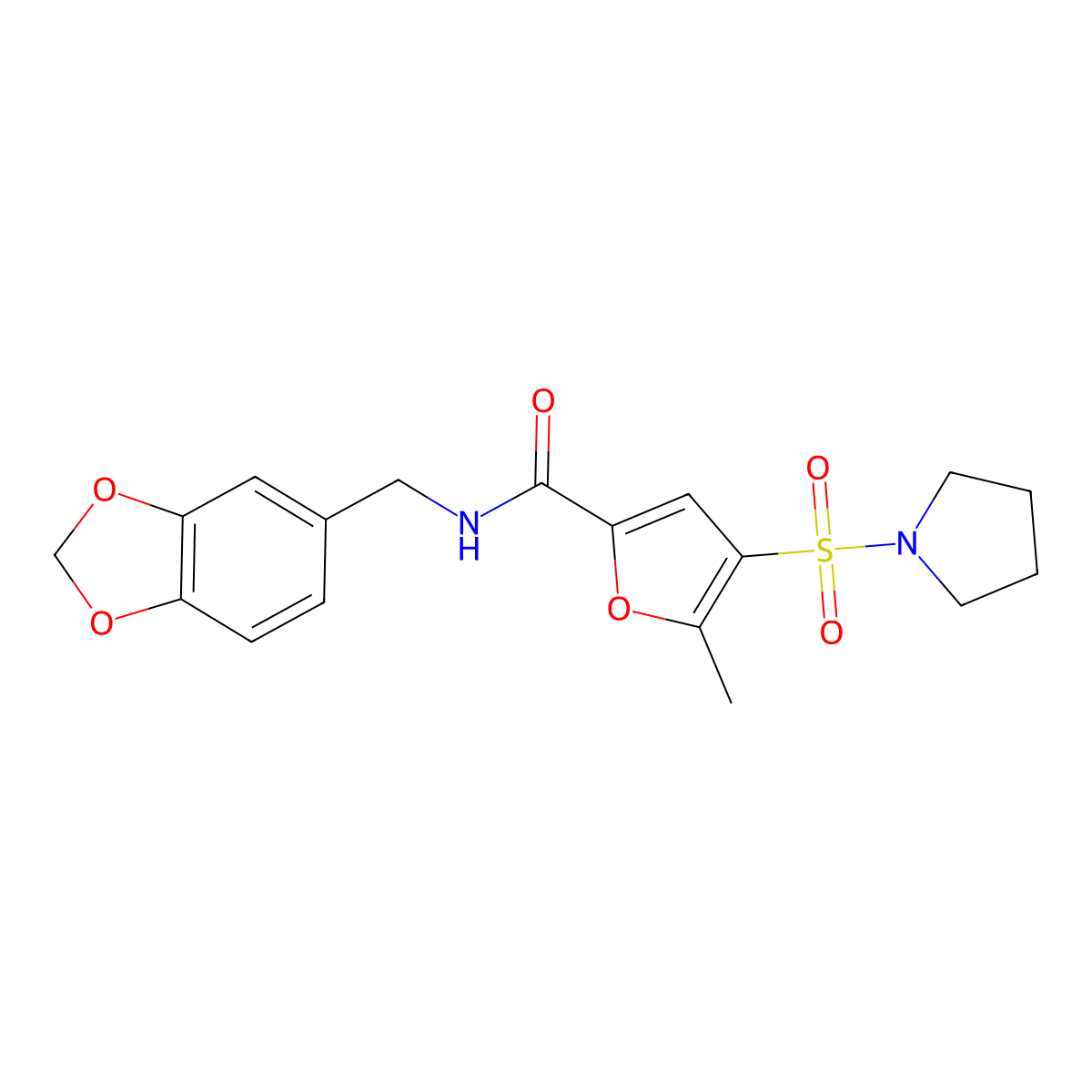 N-(benzo[d][1,3]dioxol-5-ylmethyl)-5-methyl-4-(pyrrolidin-1-ylsulfonyl)furan-2-carboxamide molecular structure, CAS 1207010-89-6