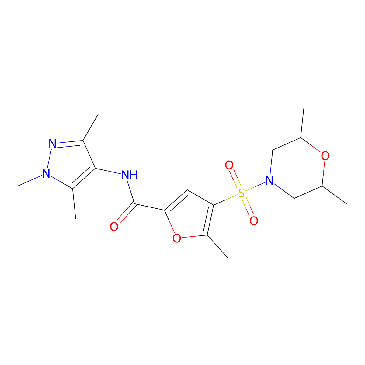 4-((2,6-dimethylmorpholino)sulfonyl)-5-methyl-N-(1,3,5-trimethyl-1H-pyrazol-4-yl)furan-2-carboxamide molecular structure, CAS 1207011-08-2