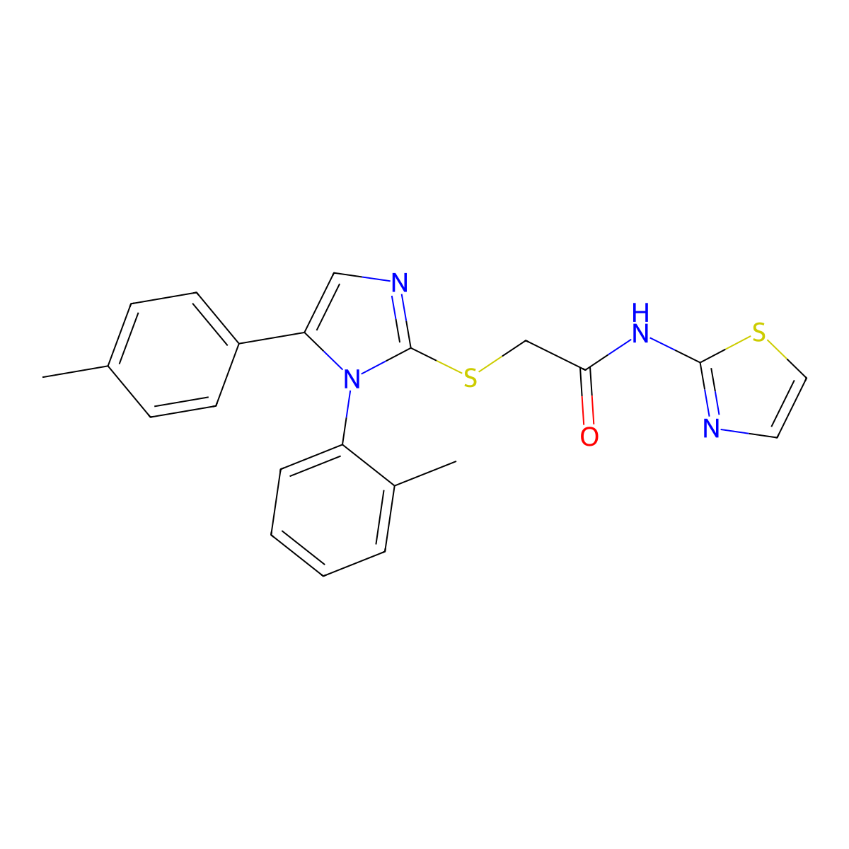 N-(thiazol-2-yl)-2-((1-(o-tolyl)-5-(p-tolyl)-1H-imidazol-2-yl)thio)acetamide molecular structure, CAS 1207011-12-8