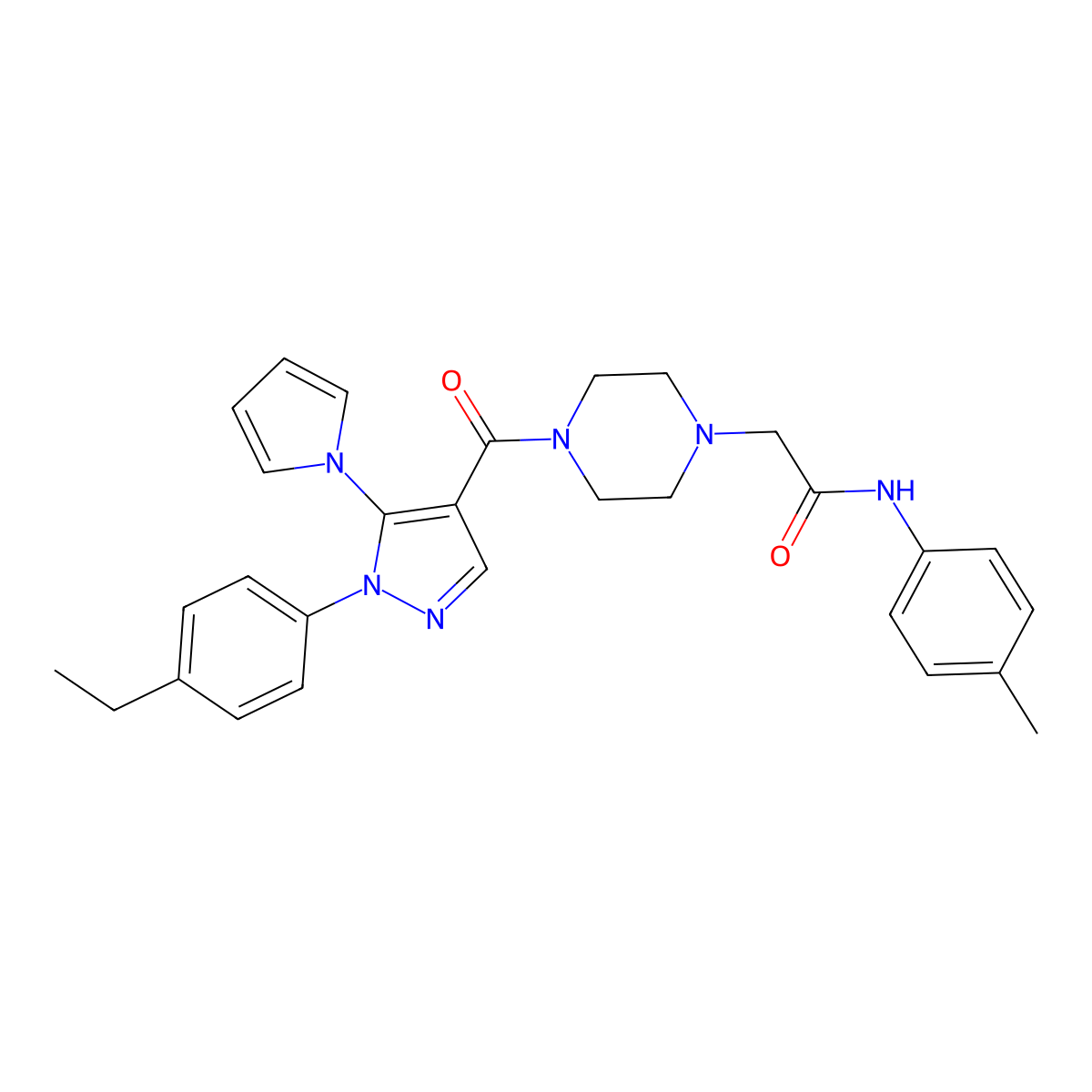 2-(4-{[1-(4-ethylphenyl)-5-(1H-pyrrol-1-yl)-1H-pyrazol-4-yl]carbonyl}piperazin-1-yl)-N-(4-methylphenyl)acetamide molecular structure, CAS 1207011-23-1