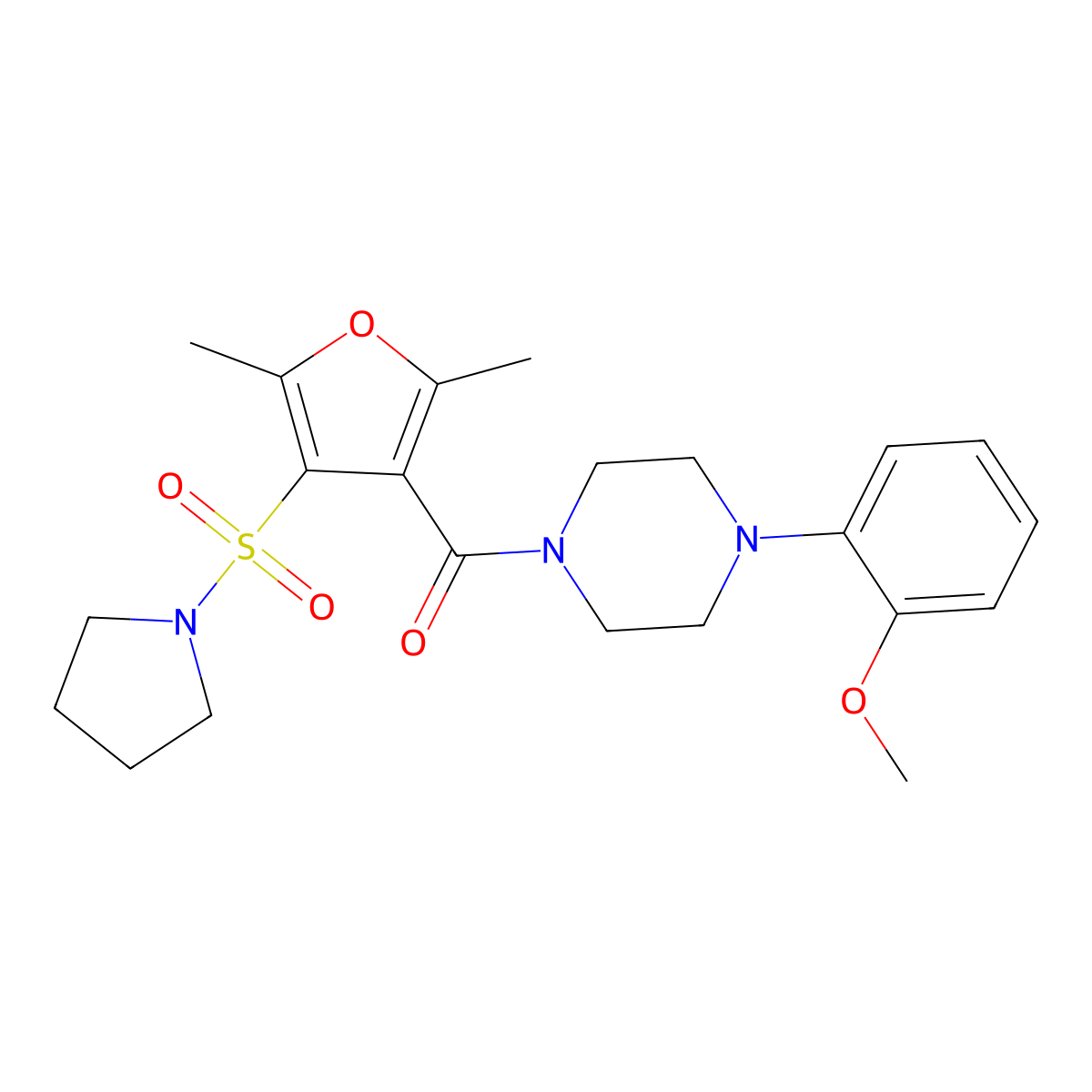 (2,5-Dimethyl-4-(pyrrolidin-1-ylsulfonyl)furan-3-yl)(4-(2-methoxyphenyl)piperazin-1-yl)methanone molecular structure, CAS 1207011-26-4