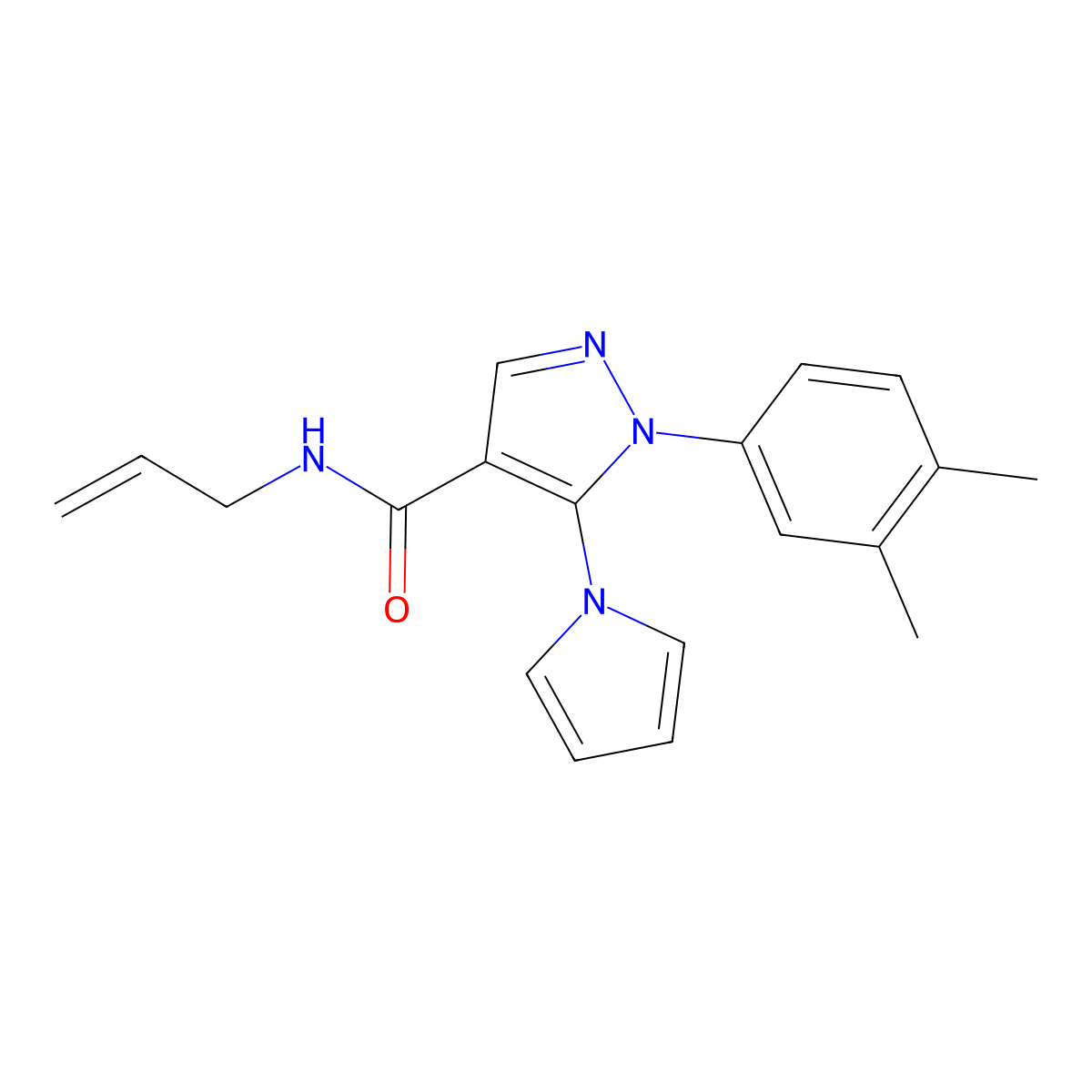 N-allyl-1-(3,4-dimethylphenyl)-5-(1H-pyrrol-1-yl)-1H-pyrazole-4-carboxamide molecular structure, CAS 1207011-33-3
