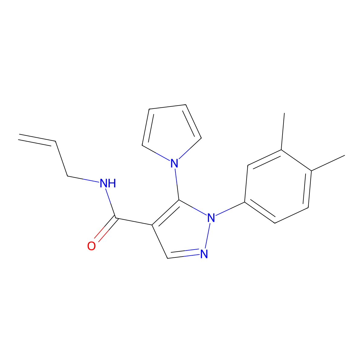 N-allyl-1-(3,4-dimethylphenyl)-5-(1H-pyrrol-1-yl)-1H-pyrazole-4-carboxamide molecular structure, CAS 1207011-33-3