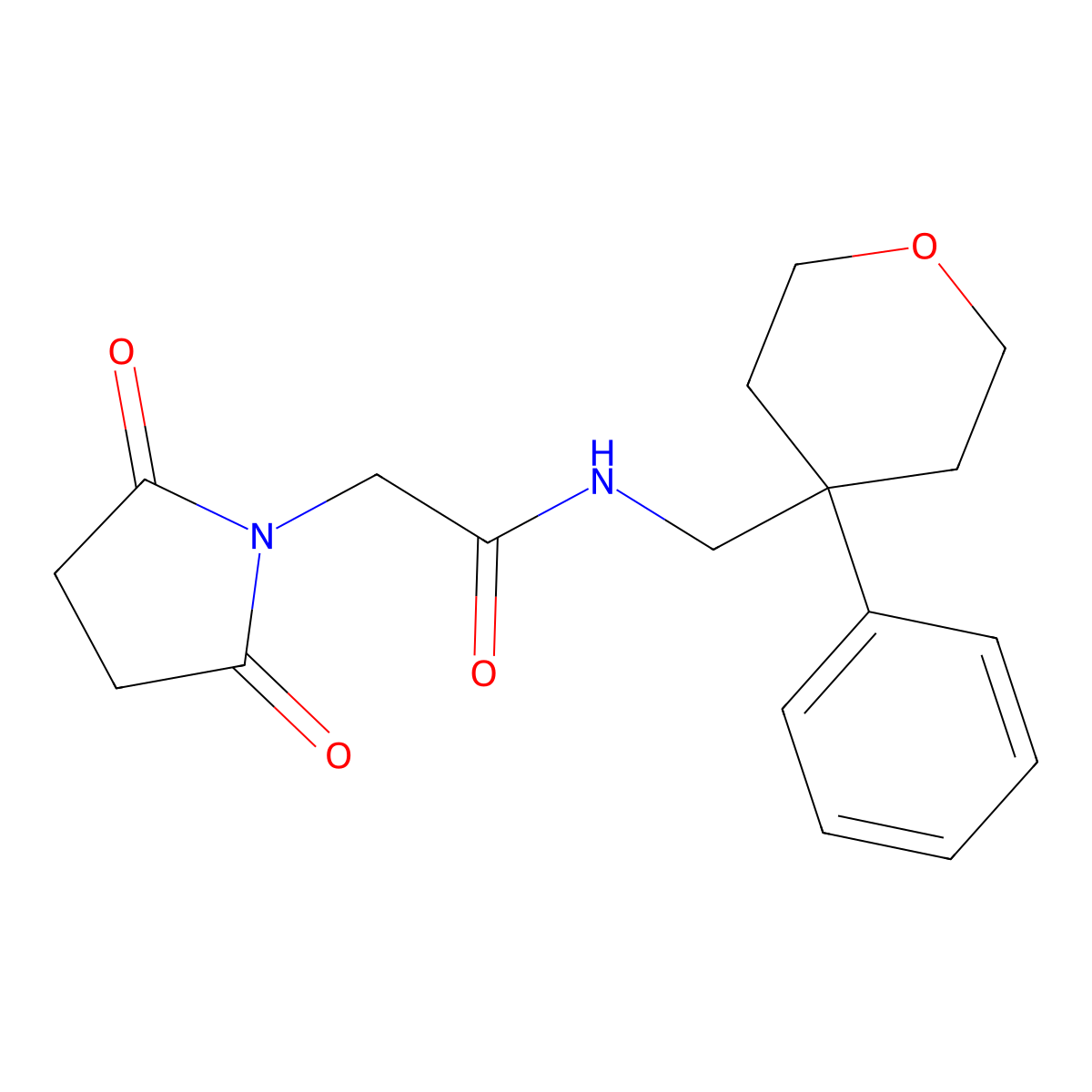 2-(2,5-dioxopyrrolidin-1-yl)-N-((4-phenyltetrahydro-2H-pyran-4-yl)methyl)acetamide molecular structure, CAS 1207011-50-4