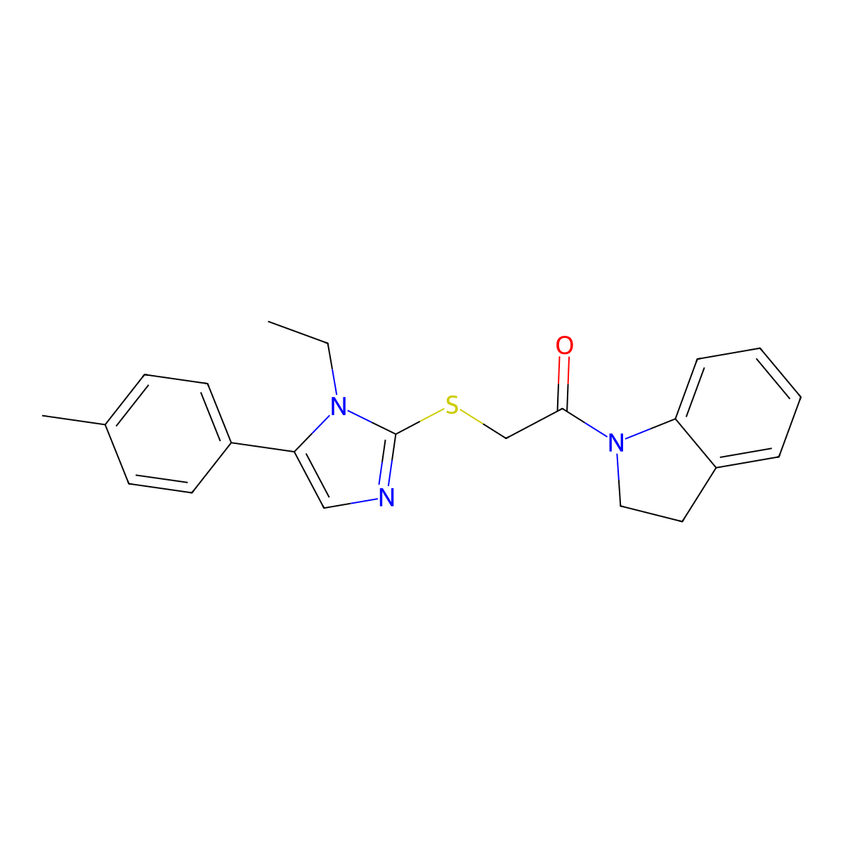 2-((1-ethyl-5-(p-tolyl)-1H-imidazol-2-yl)thio)-1-(indolin-1-yl)ethanone molecular structure, CAS 1207011-66-2