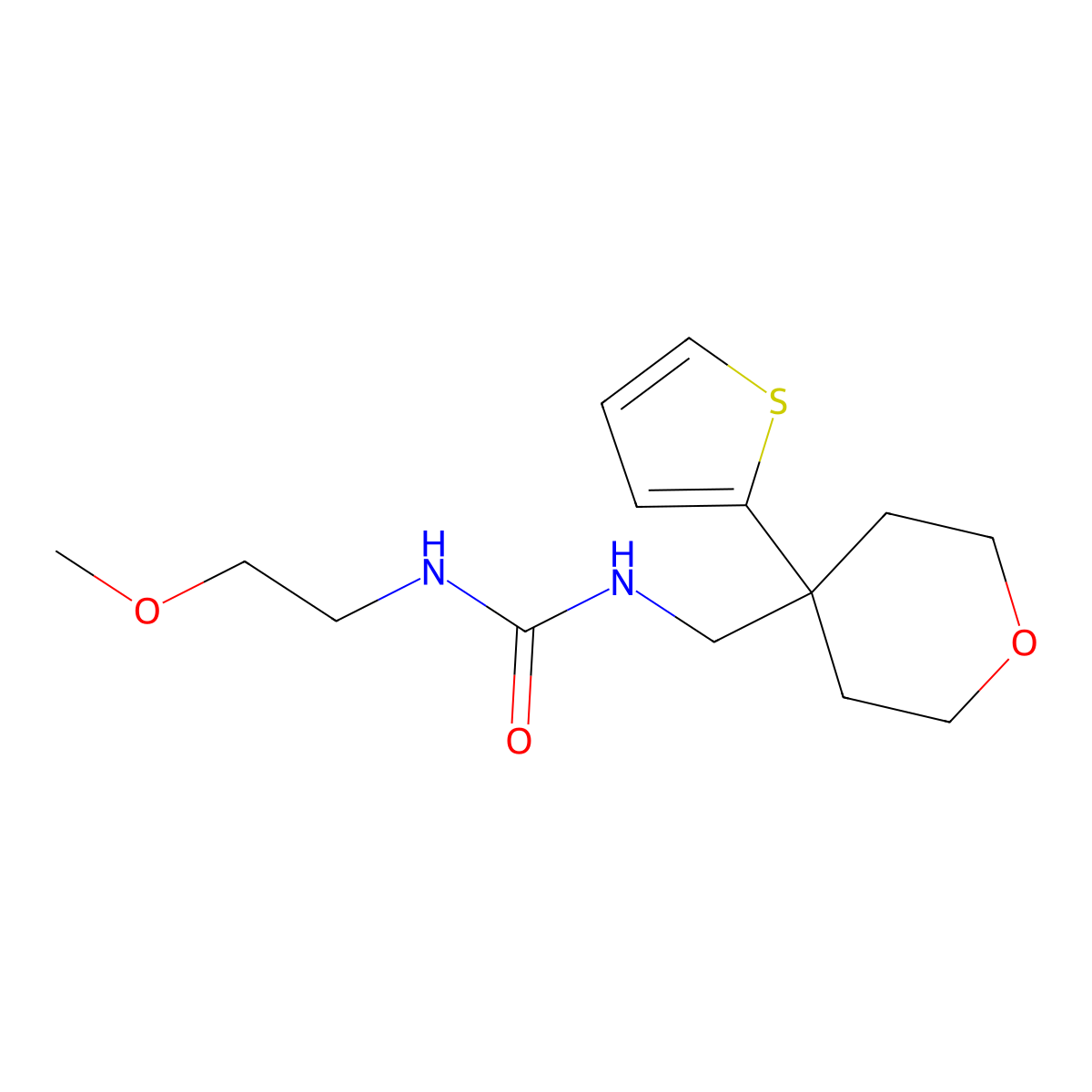 1-(2-methoxyethyl)-3-((4-(thiophen-2-yl)tetrahydro-2H-pyran-4-yl)methyl)urea molecular structure, CAS 1207011-77-5