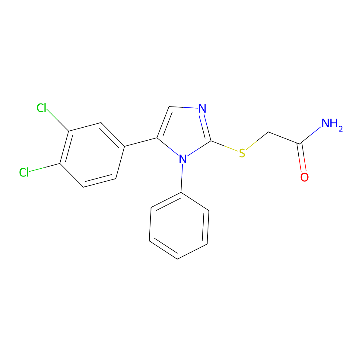 2-((5-(3,4-dichlorophenyl)-1-phenyl-1H-imidazol-2-yl)thio)acetamide molecular structure, CAS 1207011-83-3