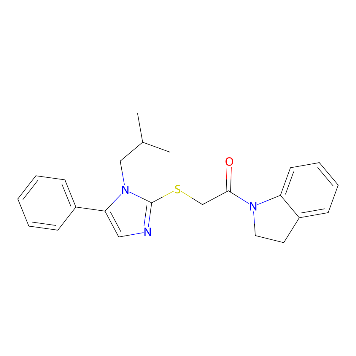 1-(indolin-1-yl)-2-((1-isobutyl-5-phenyl-1H-imidazol-2-yl)thio)ethanone molecular structure, CAS 1207011-88-8