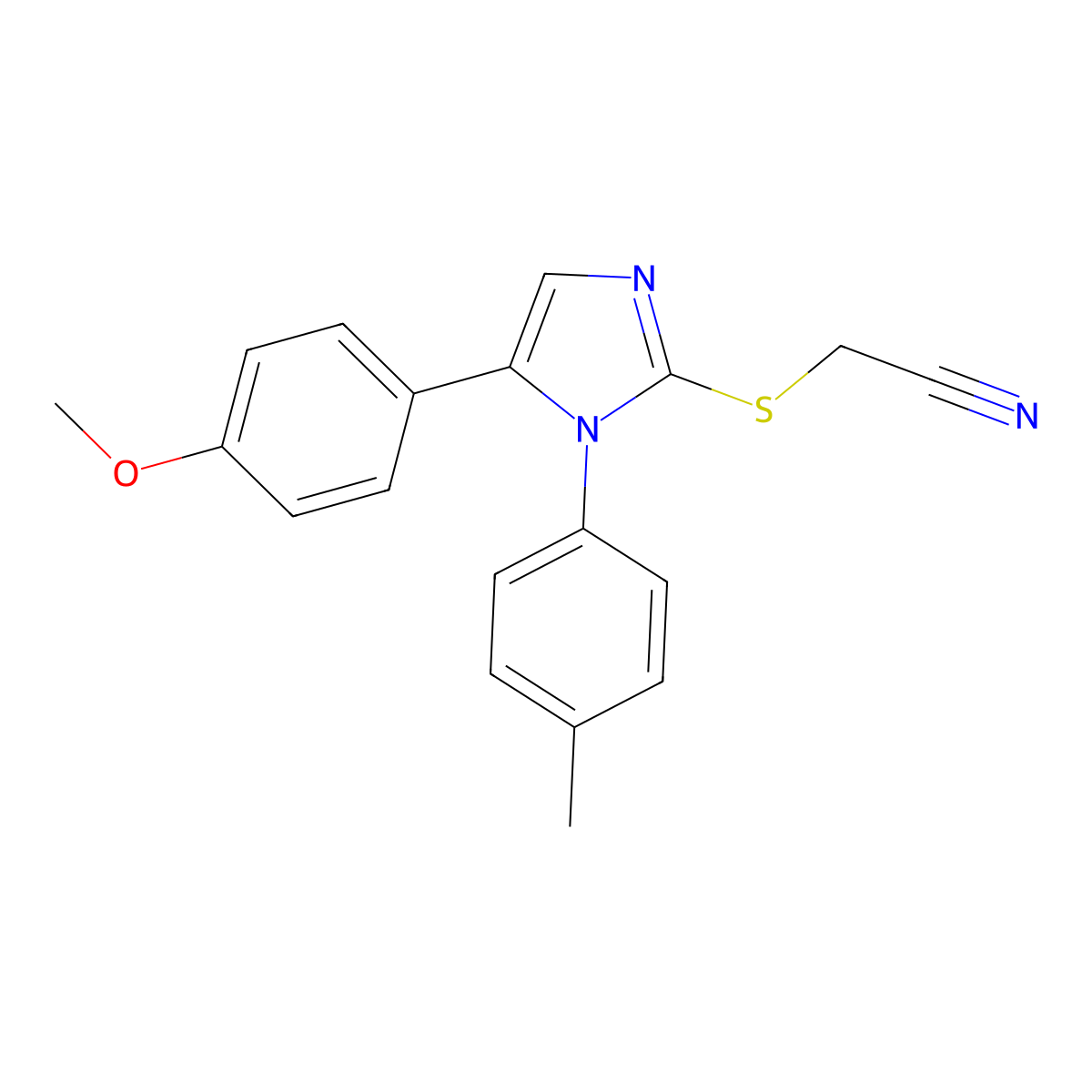2-((5-(4-methoxyphenyl)-1-(p-tolyl)-1H-imidazol-2-yl)thio)acetonitrile molecular structure, CAS 1207012-03-0