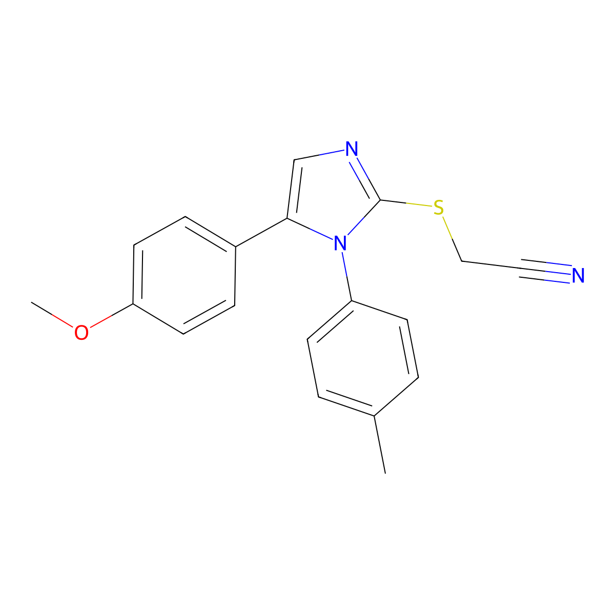 2-((5-(4-methoxyphenyl)-1-(p-tolyl)-1H-imidazol-2-yl)thio)acetonitrile molecular structure, CAS 1207012-03-0