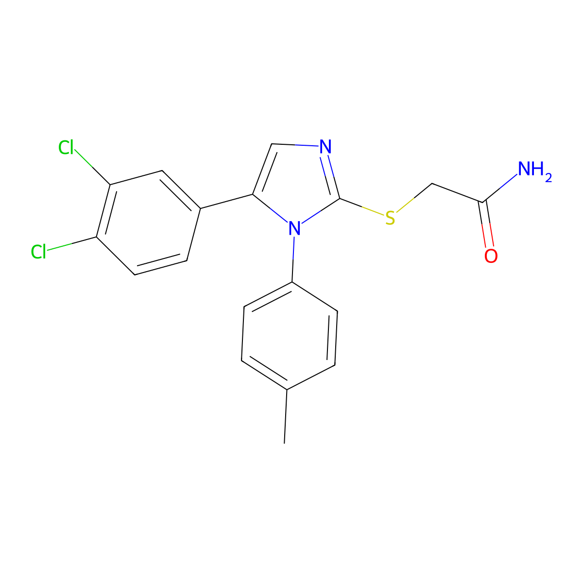 2-((5-(3,4-dichlorophenyl)-1-(p-tolyl)-1H-imidazol-2-yl)thio)acetamide molecular structure, CAS 1207012-27-8