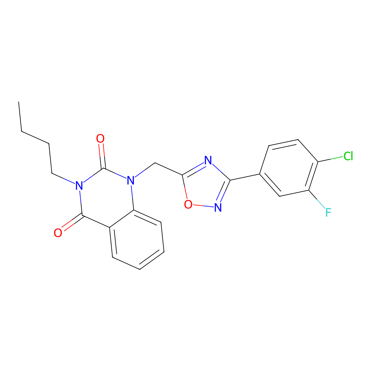 3-butyl-1-((3-(4-chloro-3-fluorophenyl)-1,2,4-oxadiazol-5-yl)methyl)quinazoline-2,4(1H,3H)-dione molecular structure, CAS 1207012-51-8