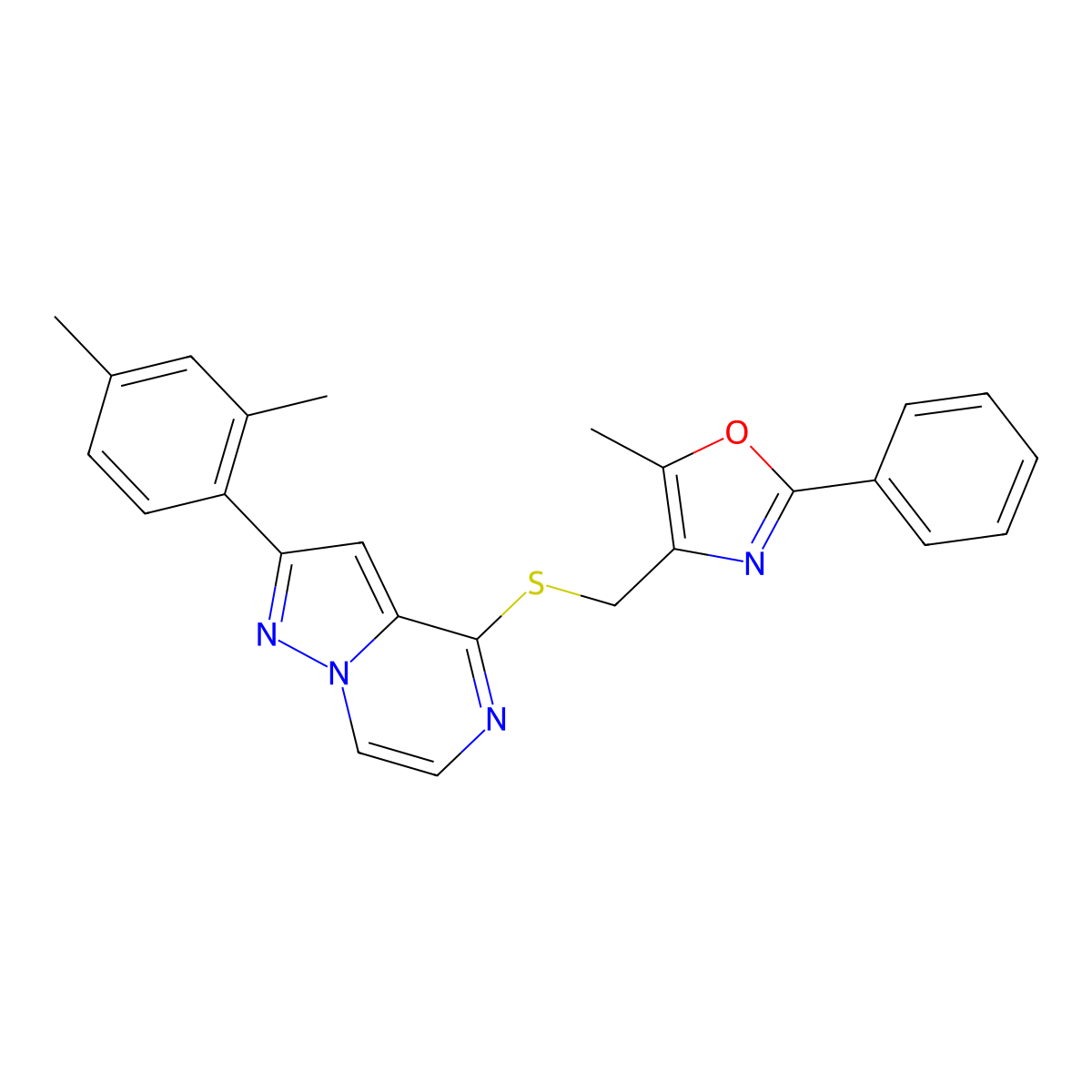 2-(2,4-Dimethylphenyl)-4-{[(5-methyl-2-phenyl-1,3-oxazol-4-yl)methyl]sulfanyl}pyrazolo[1,5-a]pyrazine molecular structure, CAS 1207012-56-3