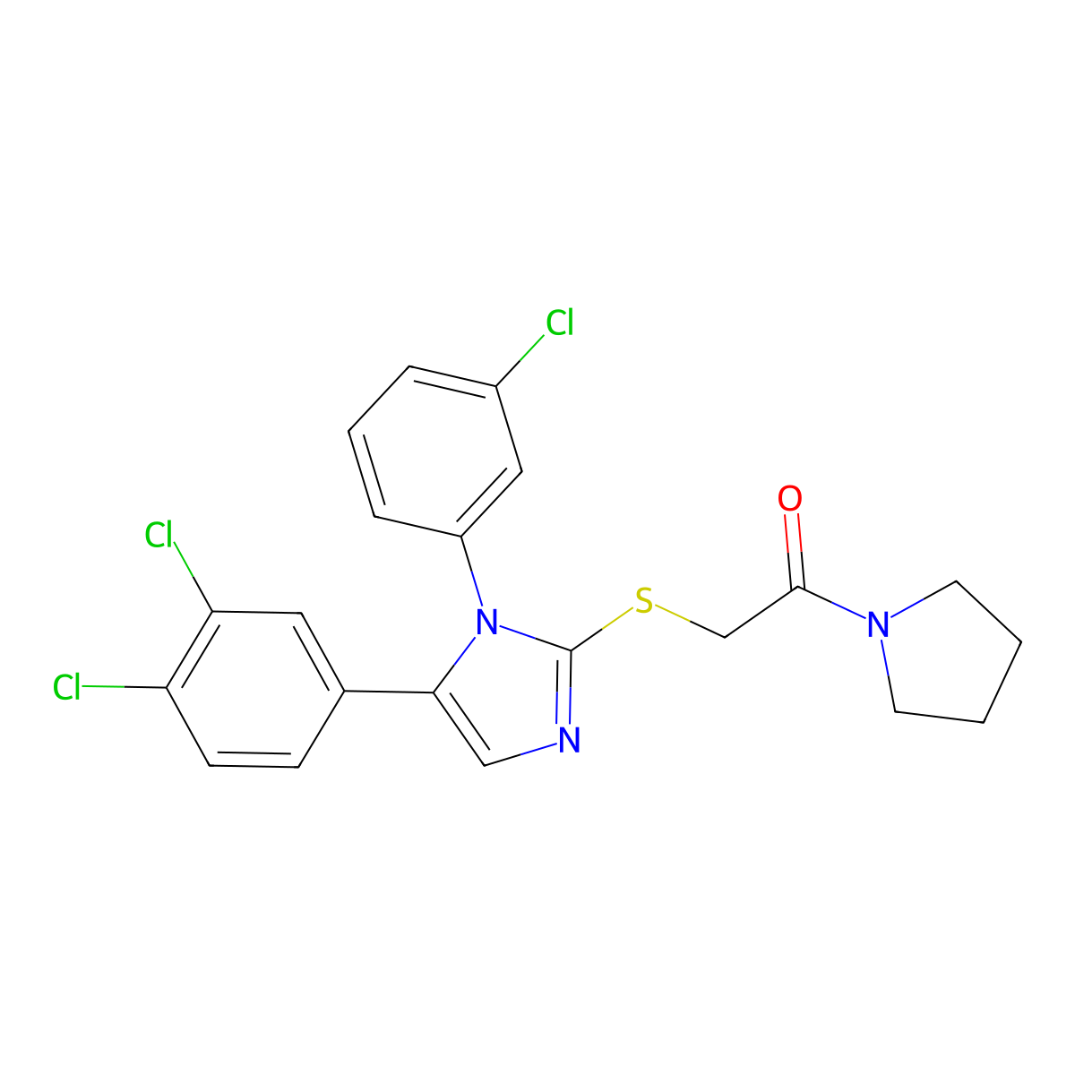 2-((1-(3-chlorophenyl)-5-(3,4-dichlorophenyl)-1H-imidazol-2-yl)thio)-1-(pyrrolidin-1-yl)ethanone molecular structure, CAS 1207012-78-9