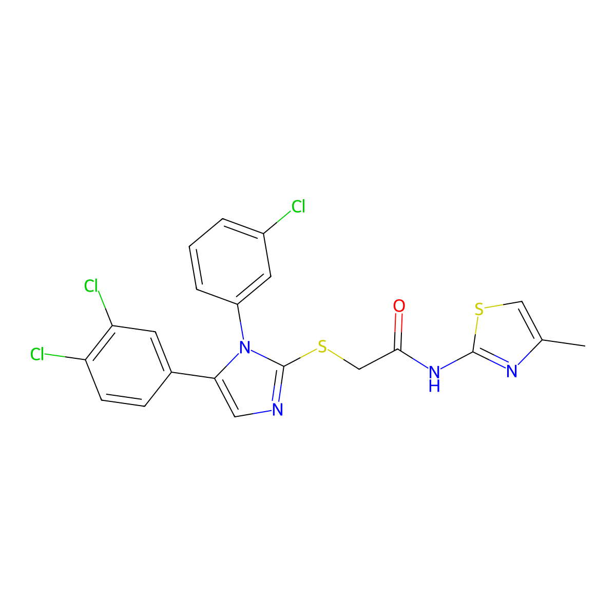 2-((1-(3-chlorophenyl)-5-(3,4-dichlorophenyl)-1H-imidazol-2-yl)thio)-N-(4-methylthiazol-2-yl)acetamide molecular structure, CAS 1207012-84-7