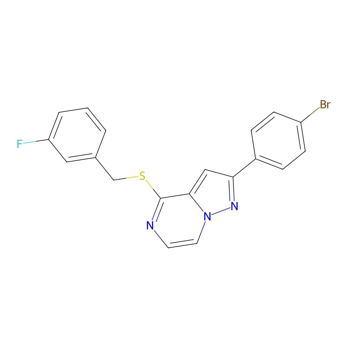 2-(4-Bromophenyl)-4-[(3-fluorobenzyl)thio]pyrazolo[1,5-a]pyrazine molecular structure, CAS 1207012-90-5
