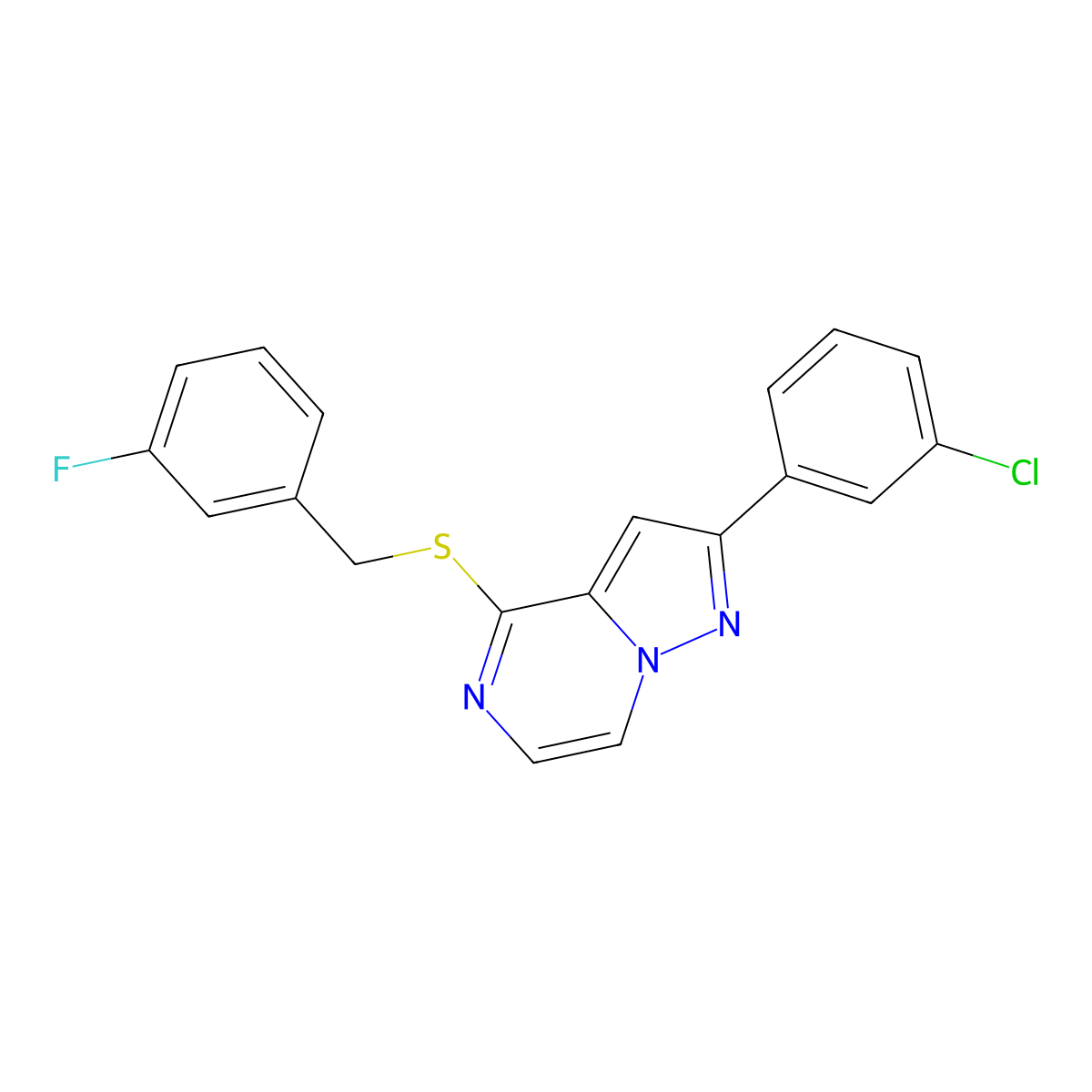 2-(3-Chlorophenyl)-4-[(3-fluorobenzyl)thio]pyrazolo[1,5-a]pyrazine molecular structure, CAS 1207012-95-0